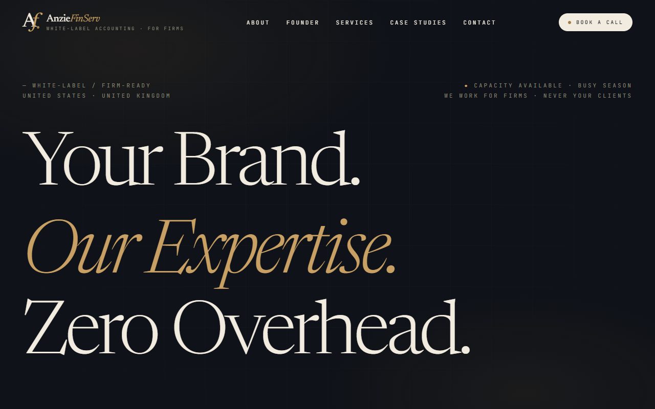 AnzieFinserv homepage — white-label accounting for CPA and CA firms