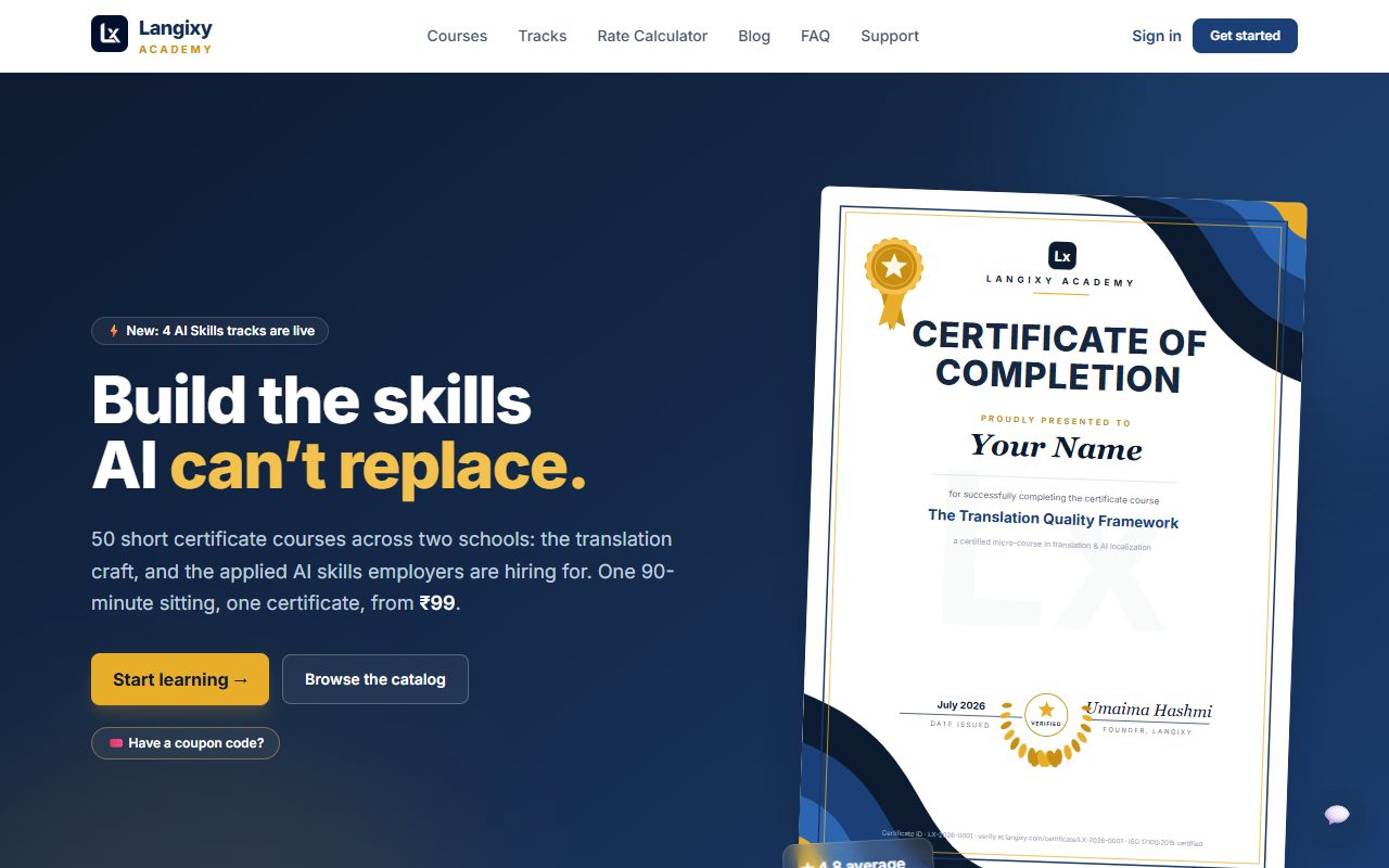 Langixy Academy homepage — course catalog and certificate preview
