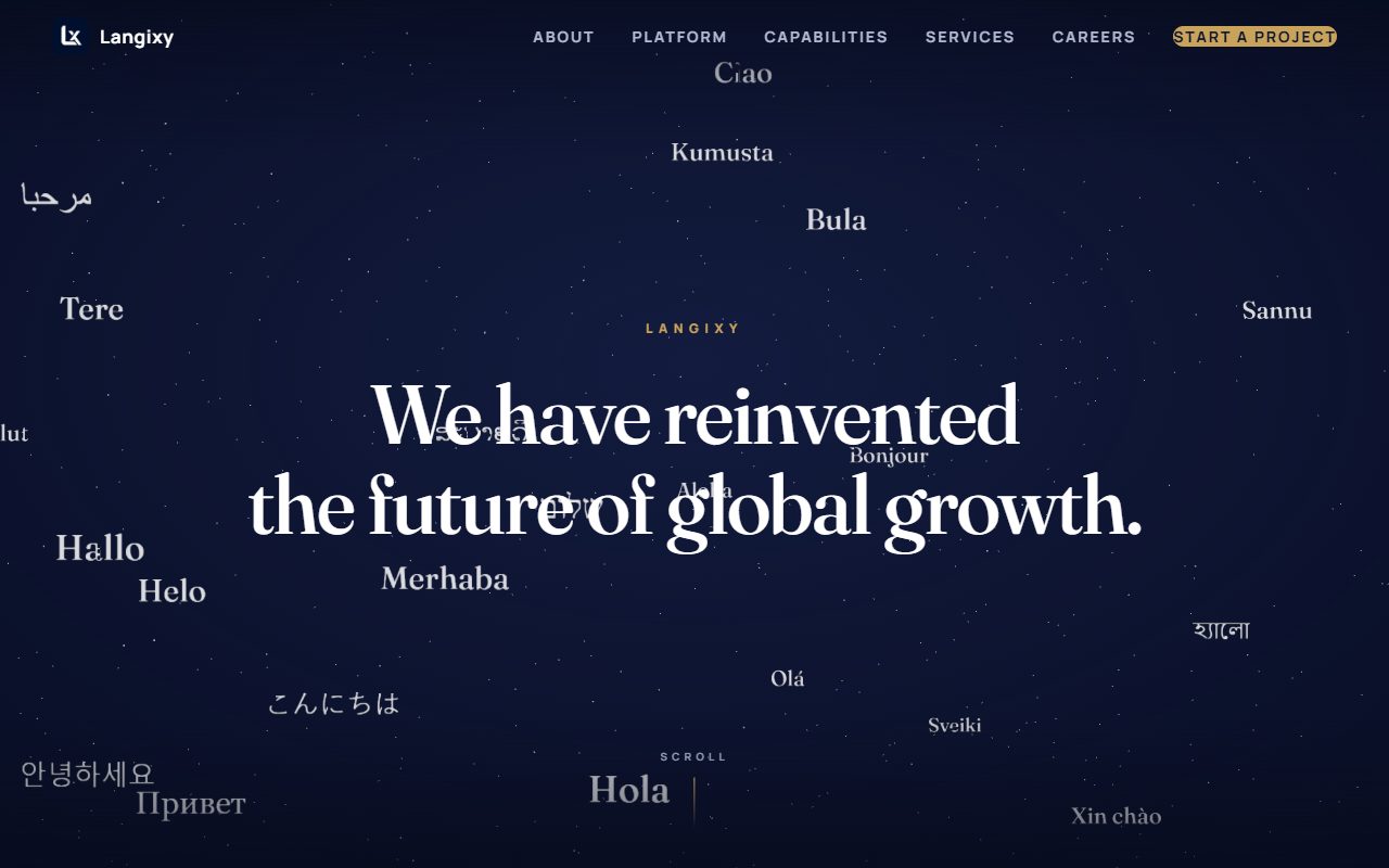 Langixy homepage — dark, multilingual hero section