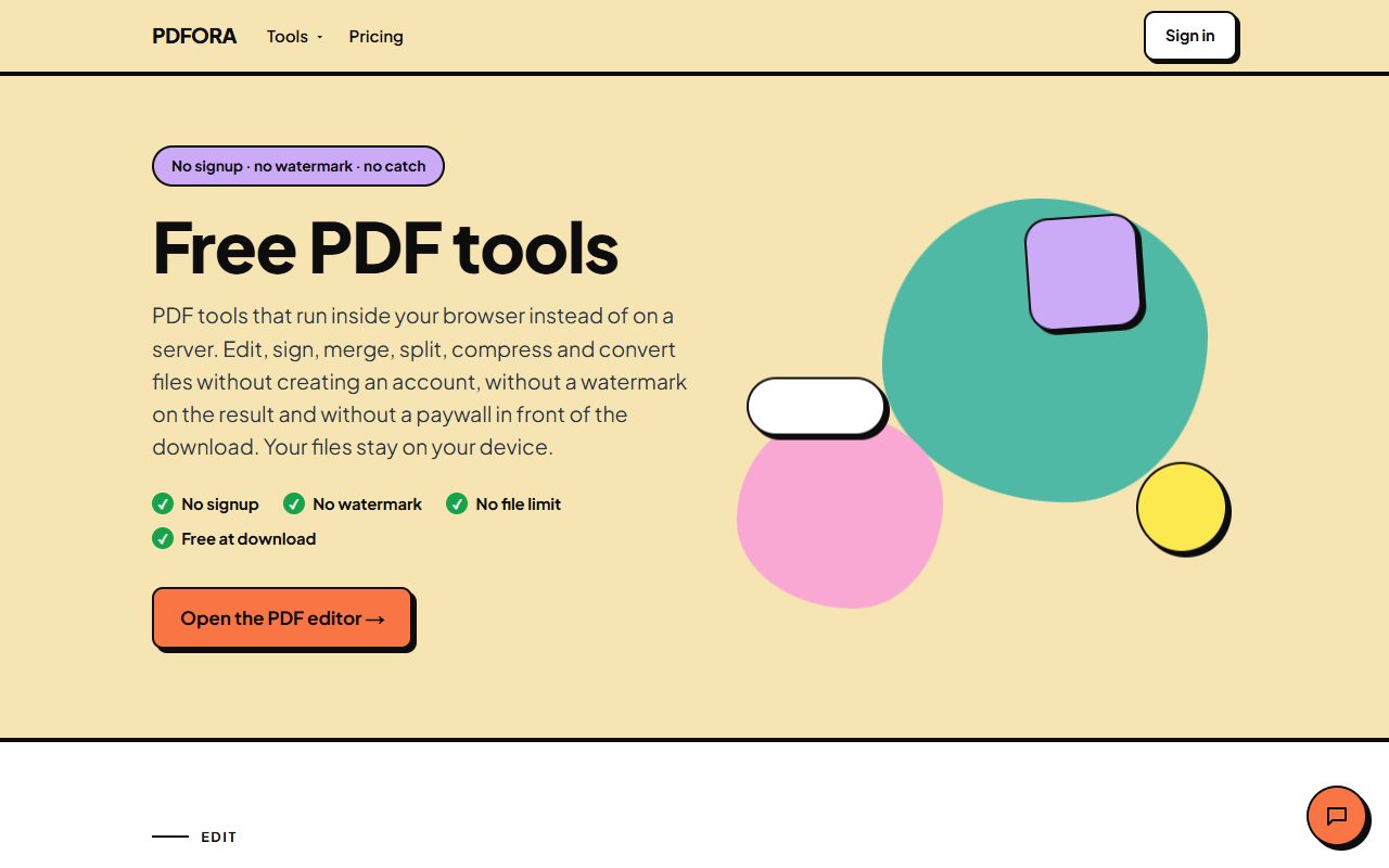 PDFORA homepage — free browser-based PDF tools